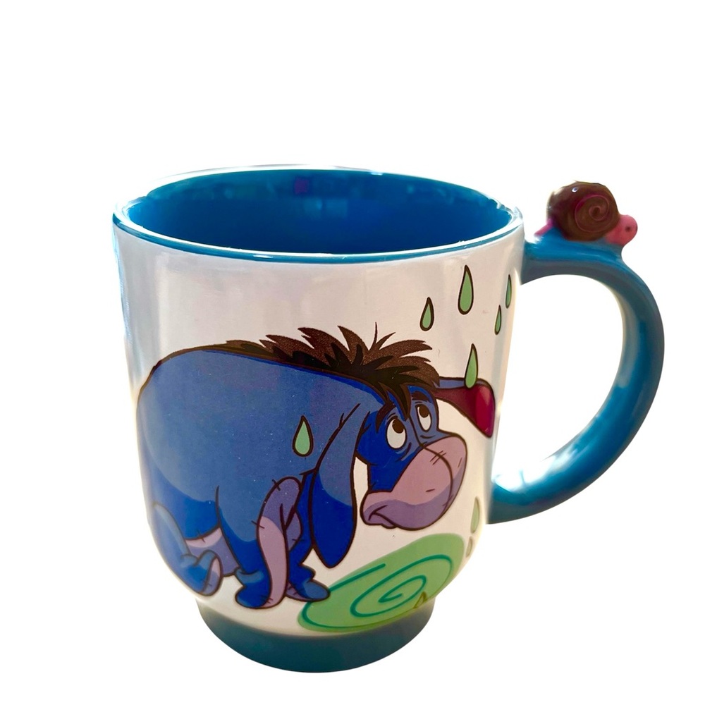 Disney Store Eeyore Winnie The Pooh Coffee Mug Rainy Day With Snail Handle 12 oz
